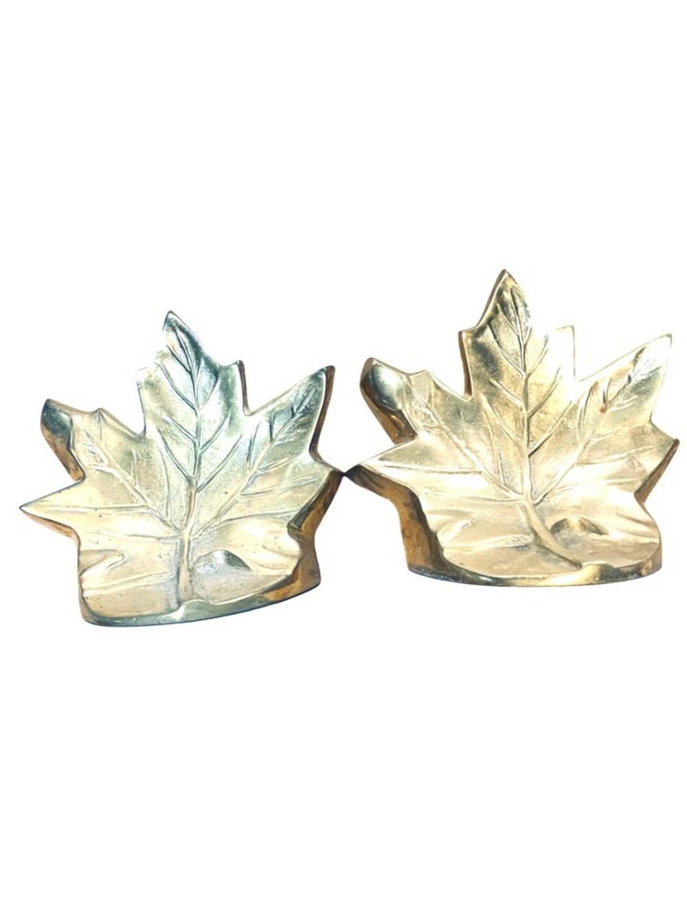 Vintage MCM Heavy Solid Brass Maple Leaf Bookends Pair Office Fall Decor